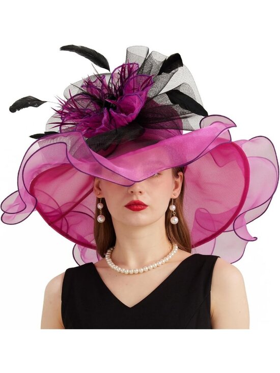 Elegant Wide Brim Organza Church Derby Hat with Detachable Flower for Weddings main image 7